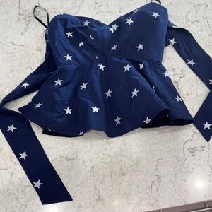 Lauren James Navy Blue Star Print Women's Top with BOW in back small concert USA